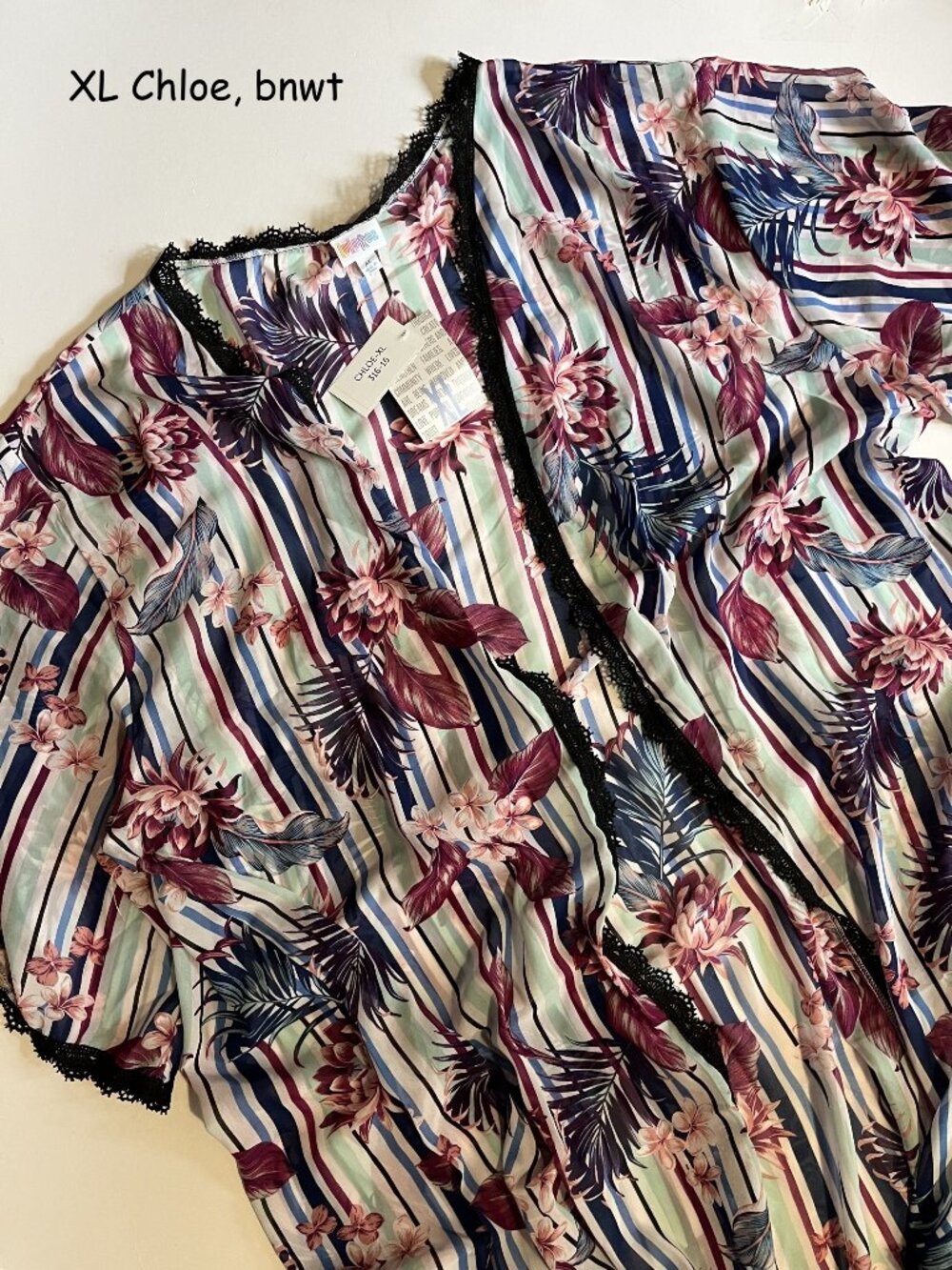 XL Lularoe Chloe Bohemian overlay, swimsuit coverup, stripes, tropical flowers